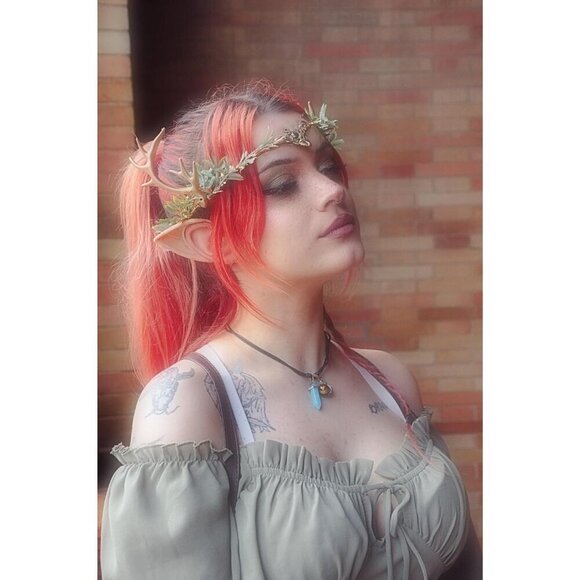 Woodland Gold Antler Crown Fairy Floral Circlet for Women Renaissance Halloween main image 8